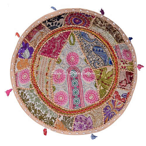 Cotton Bohemian Patchwork Poufs Beige Foot Stool 16 in Embroidered Ottoman - Picture 3 of 5