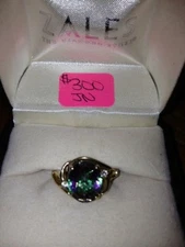 Mystic Fire TOPAZ Ring Oval with DIAMONDS 10k Yellow GOLD Size 7-EUC!!!