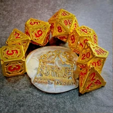 Sage's Gnomish Trinkets - Hollow Spider Gold Red Metal Polyhedral Dice Set DnD