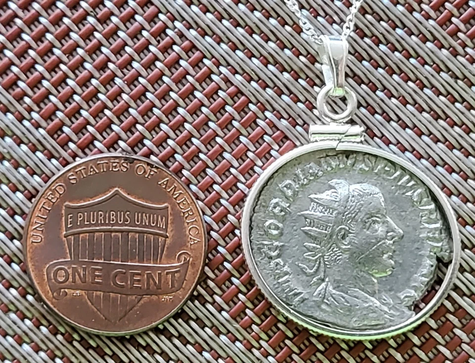 Antiguo Imperio Romano Emperador Gordiano Moneda Plata 925 Collar con Certificado de Autenticidad Foto 3 de 4