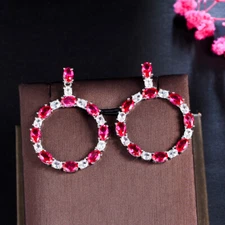 Silver Plated Red Cubic Zirconia Round Oval Dangle Drop Earrings Wedding Jewelry