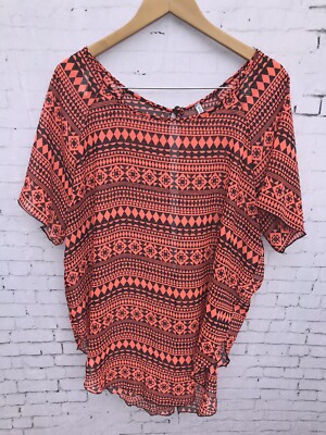 Flash Top Large Women's Sheer Neon Orange Black Geometric Slit Back (CAP)