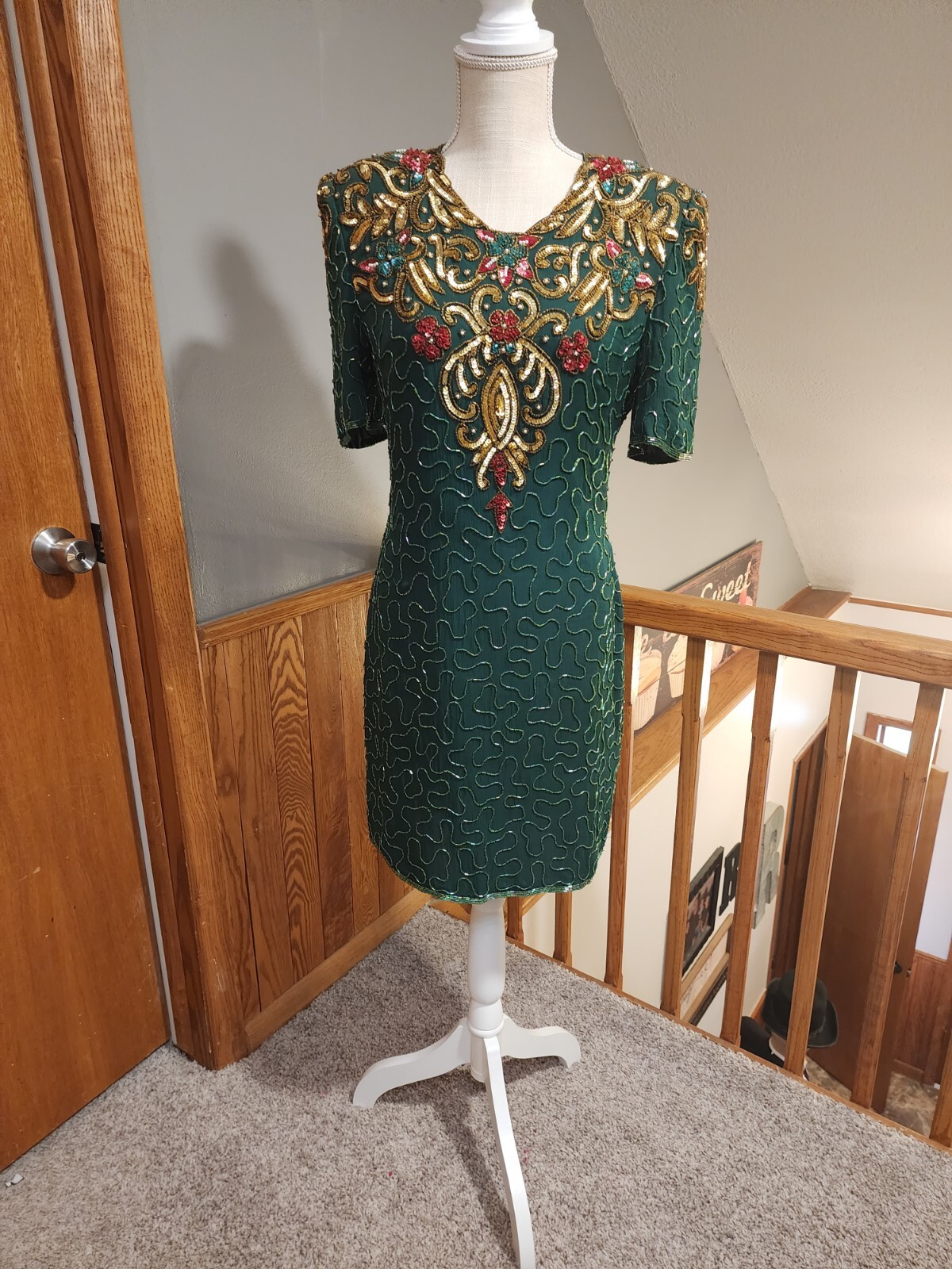 Scala Emerald green beaded dress vintage Size PL Gem