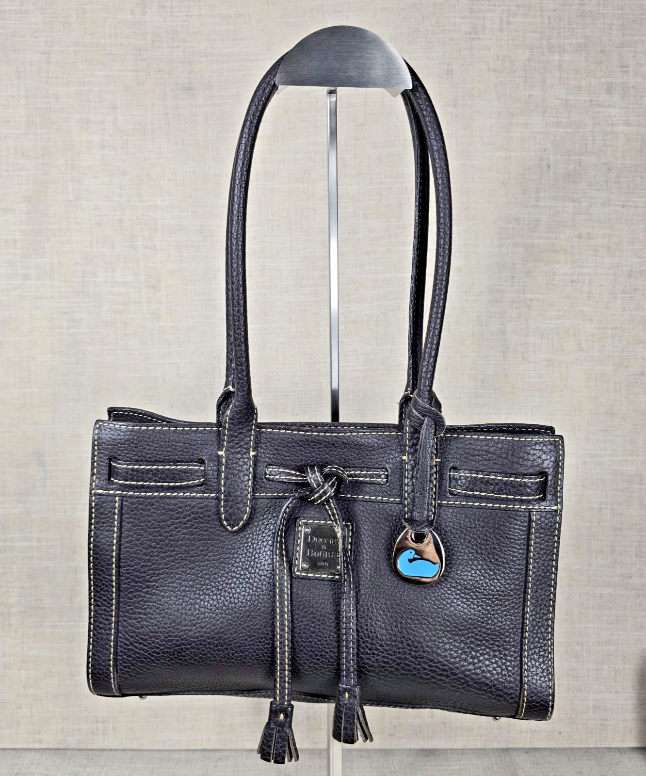 Vintage Dooney & Bourke Black Pebbled Leather East West Tassel Purse  