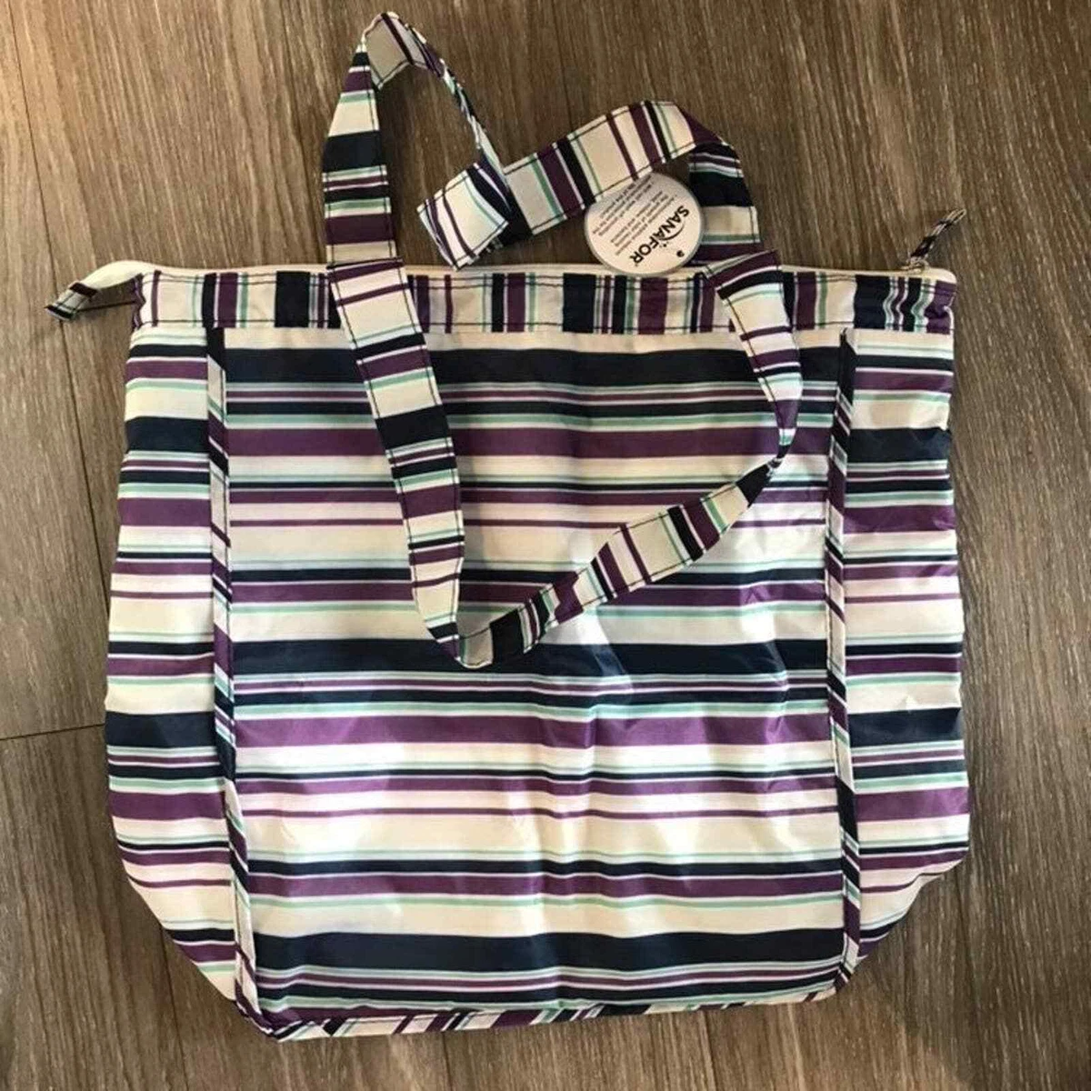 SANAFOR ANTIMICROBIAL STRIPE THERMAL SHOPPING BAG TOTE PURPLE