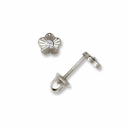 14K Solid White Gold 4mm CZ Flower Screw Back Studs Earrings Floral Studs Gift - Picture 2 of 5