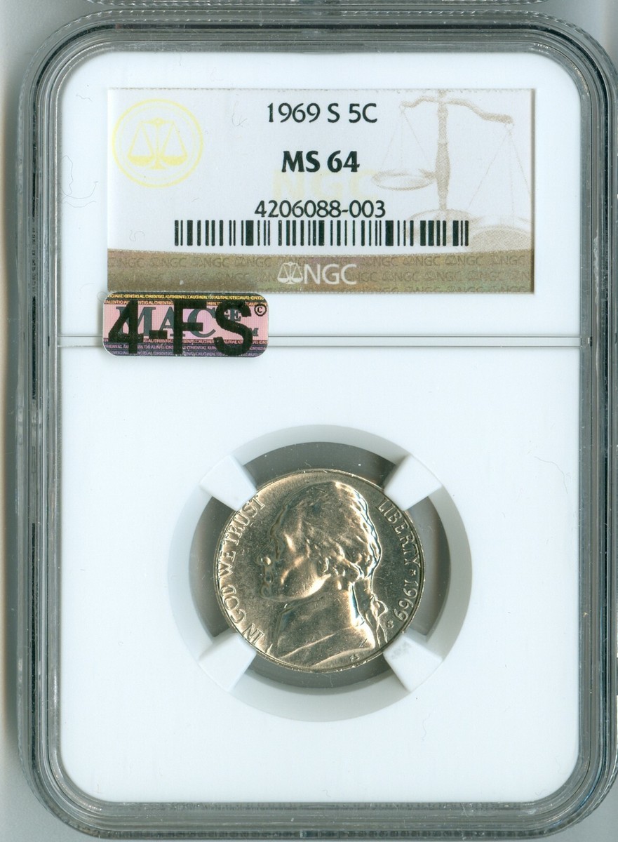 1969 S JEFFERSON NICKEL MS64 NGC 4FS, 4 FULL STEPS, SPOTLESS