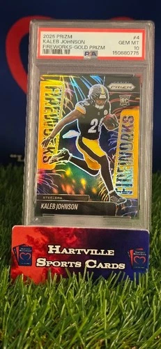 2025 Panini Prizm Fireworks Kaleb Johnson Pittsburgh Steelers RC GOLD /10 PSA 10