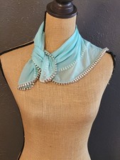 1960s Aqua Silk Chiffon Scarf Metallic Teardrop Bead Trim 20" Square