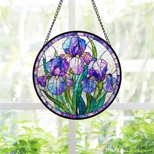 Purple Iris Stained Glass Suncatcher, Floral Window Hanging Decor Home