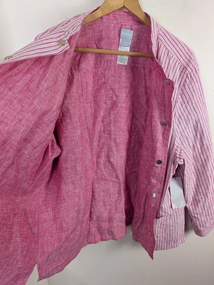Chicos Size 4 XXL Pink Reversible Linen Jacket Railroad Stripes Haute Button New - Image 2 of 4