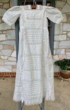 Vintage Antique Victorian Girls Christening Gown Eyelet Lace Trim Puffy Sleeves