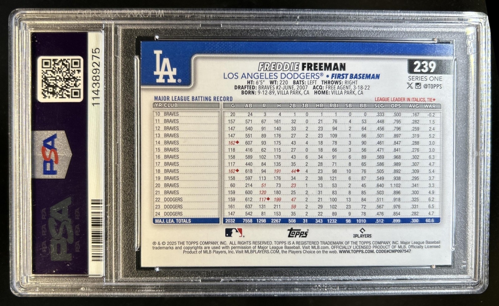 2025 Topps Freddie Freeman Aqua Rainbow Foilboard #239 Dodgers PSA 9 view 2