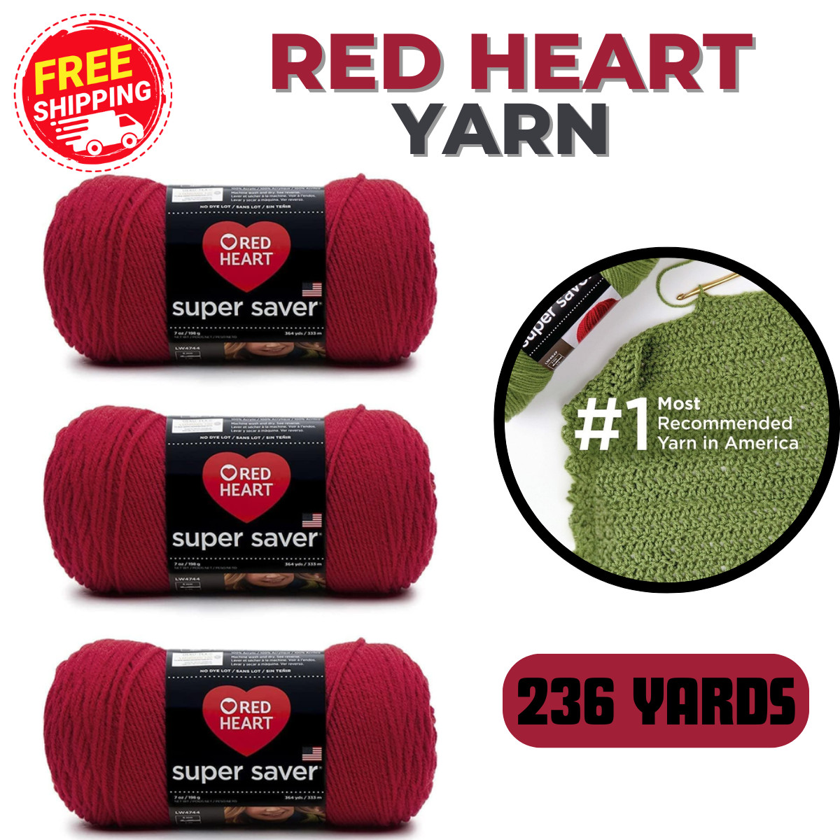 Red Heart Super Saver Cherry Red Yarn 3 Pack OF 198G 7 OZ Acrylic 364 Yards NEW