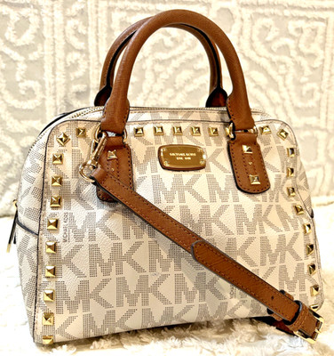 Michael Kors Sandrine Studded Vanilla Saffiano Leather Satchel Brown Trim NWT Sm