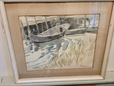 Vintage Watercolor boat at dock Cape Cod or Maine Docks Signed (Unreadable) 1961