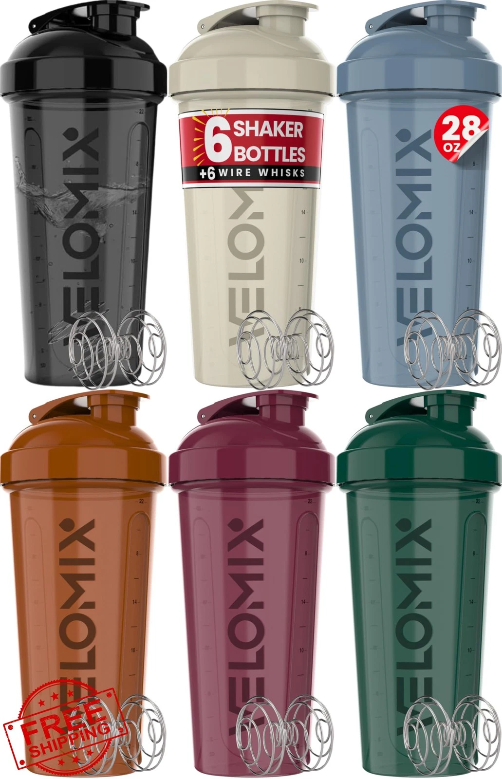 VELOMIX Protein Shaker Bottle, 28oz, 6 Pack Earth Tones, Leak Proof Whisk