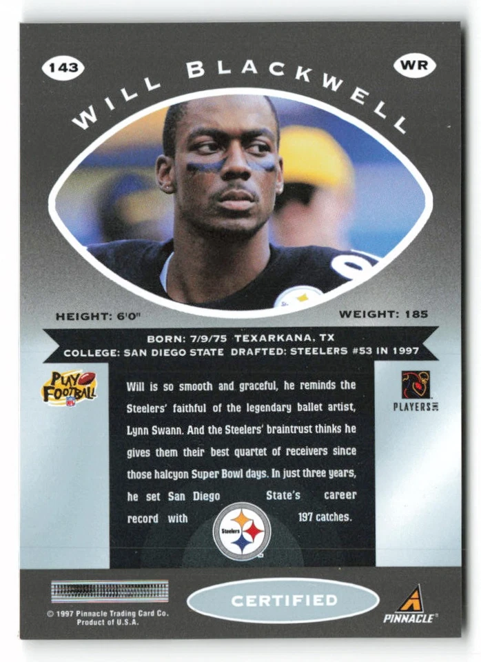 1997 Pinnacle Certified #143 Will Blackwell Rookie Pittsburgh Steelers RC - Image 2 of 2