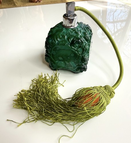 Rare CURT SCHLEVOGT Art Deco Malachite Ingrid Glass Perfume Atomizer Bottle Rose