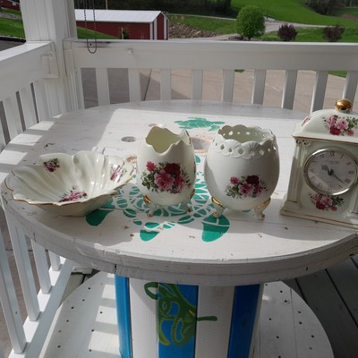 FORMALITIES BAUM BROS. Cream Ceramic Decorative Victorian Rose Clock, Eggs, Bowl