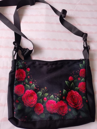 Women’s Black Faux Leather Floral Rose Crossbody Bag, Zip, Adjustable Strap