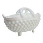 Vintage Fenton Milk Glass Hobnail Footed Basket Wavy Edge Handle