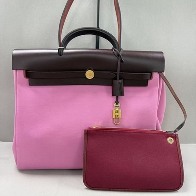 Auth Hermès Herbag 39  Tote Crossbody Bag Pink Canvas Dark Brown Vachetta Gold