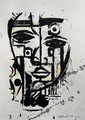 Original zeitgenössischer kubistischer Stil Portrait A4 signiert HASWORLD ABSTRAKT