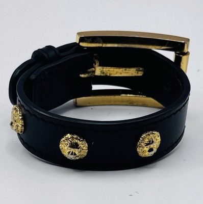 Versus Versace Lion Head Leather Bracelet Black Gold Tone Made in Italy w/ Pouch