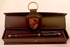 New PORSCHE Leed's Carbon Fiber Ballpoint Pen W/ New Black Leather Keychain