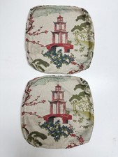 Set Of 2 Regal Zen Toile Basketweave Linen Pagoda Chinoiserie Pillow Covers