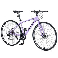 7 Speed Hybrid Bike Aluminum Frame Double Disc Brakes 700C Road Bike,Purple