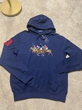 Polo Ralph Lauren Men's L Embroidered Triple Pony Navy Blue Fleece Hoodie NWT