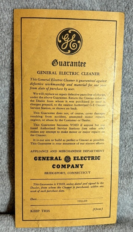 Vintage General Electric Cleaner Guarantee Certificate Form 958CG ~ Must See!