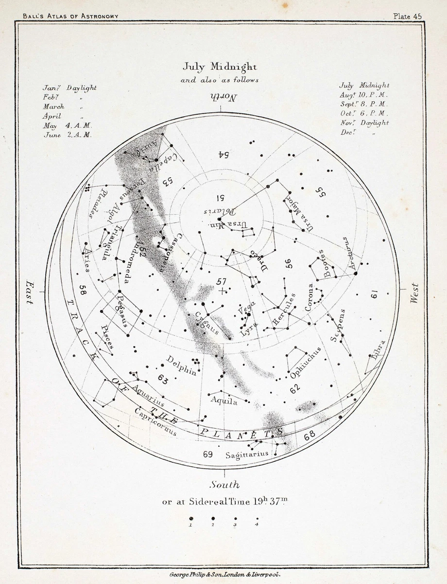 1892 Astronomy North Sky Star Map July Midnight Milky Way Polaris Leo  Cassiopeia | eBay