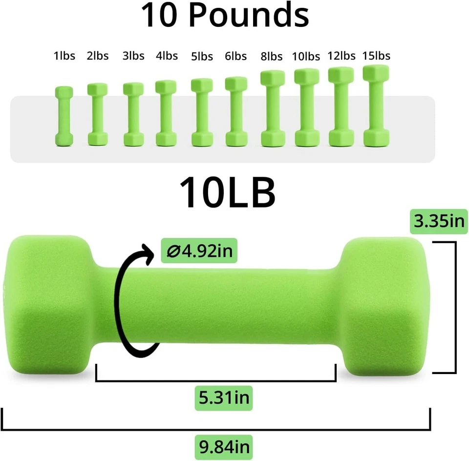 Комплект из 2 неопреновых гантелей 2 x 10 фунтов гантели ручной вес пара гантелей, зеленый - Изображение 2 из 4