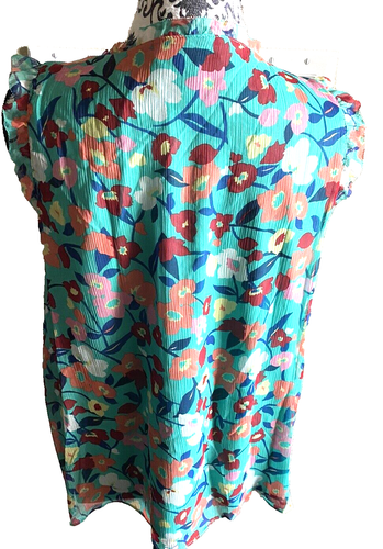 Elle L Blouse Floral Lined Turquoise Sleeveless Top Shirt Lg Large - Picture 4 of 6