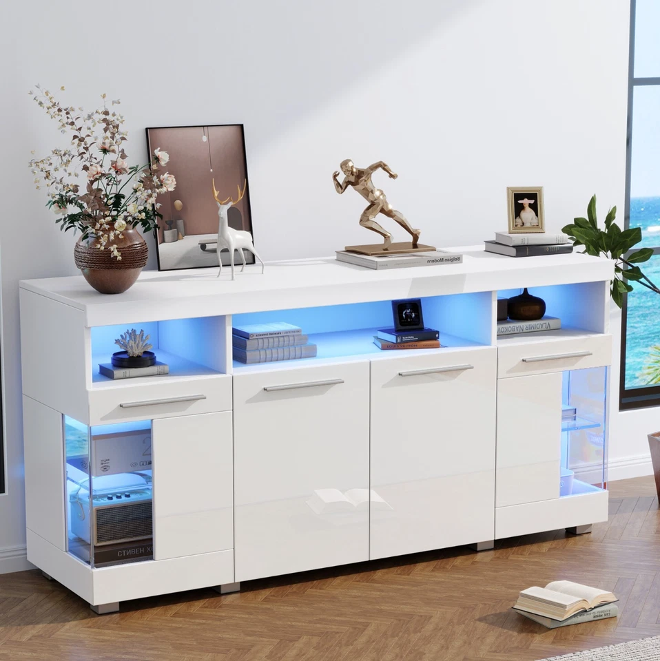 Moderner Sideboard Kommode Anrichte Schrank mit LED Beleuchtung Weiß Hochglanz - Bild 2 von 4
