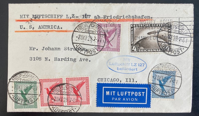 1928 Friedrichshafen Germany Graf Zeppelin LZ 127 Cover to Chicago iL USA Sc#C37