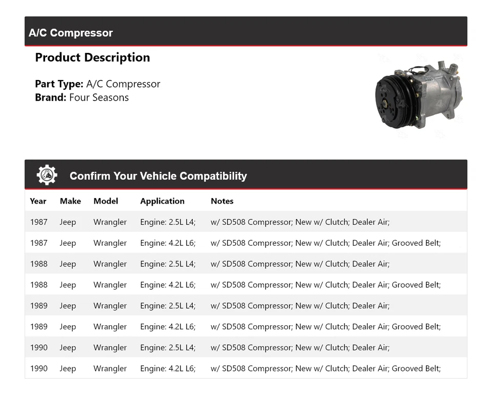 Compresor de aire acondicionado Jeep Wrangler 1987-1990 4 estaciones 1988 1989 Foto 2 de 4