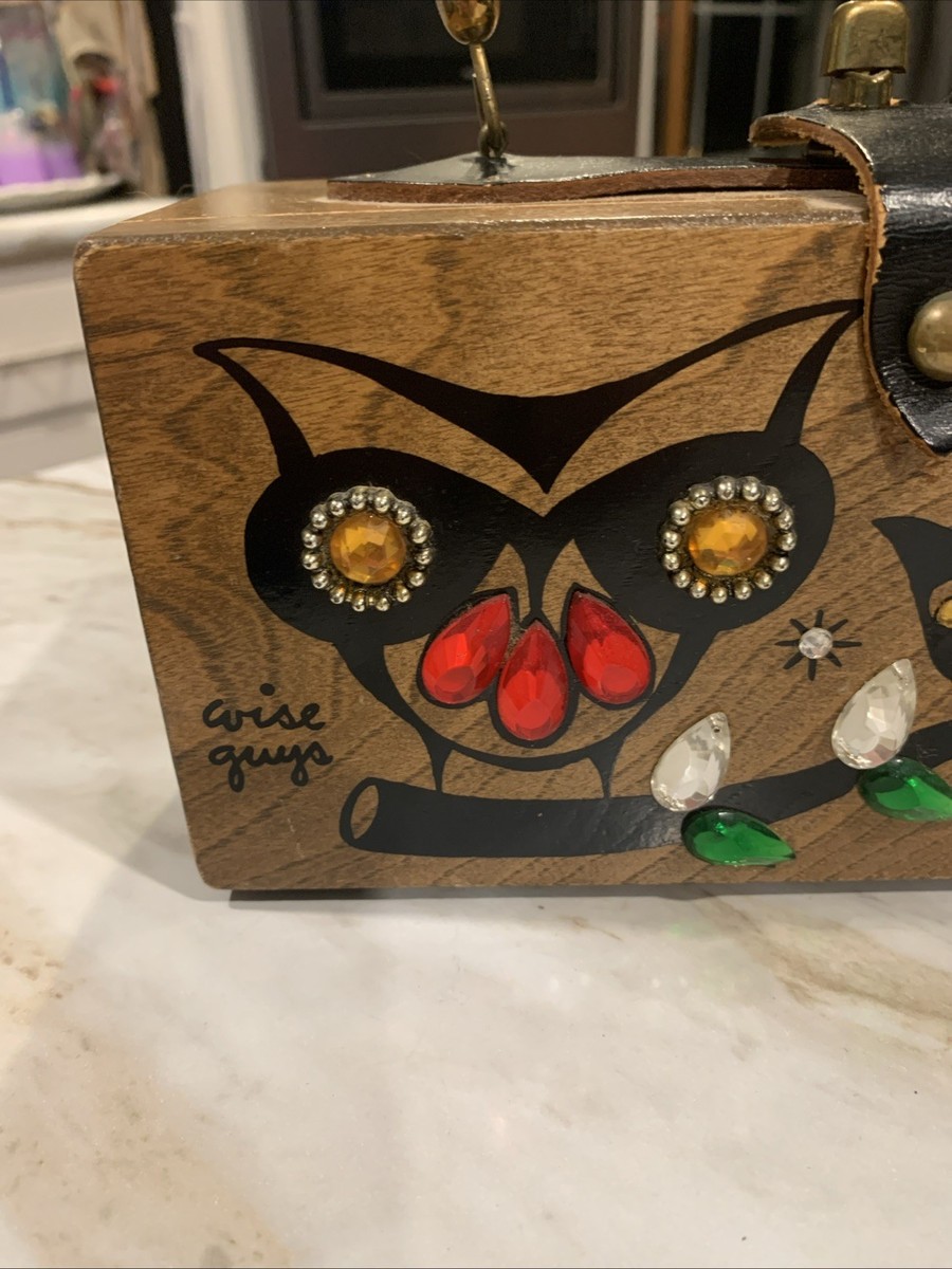 Vintage Enid Collins Wise Guys Wooden Box Bag Purse 1960s Owls 