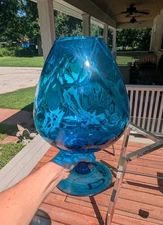 HUGE Vintage Empoli Viking Blenko Blue Optic Glass Fishbowl Brandy Snifter 14.5"
