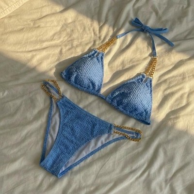 Blue Crochet Triangle Halter Bikini Set w/ Gold Chain Accents, Size 36DD