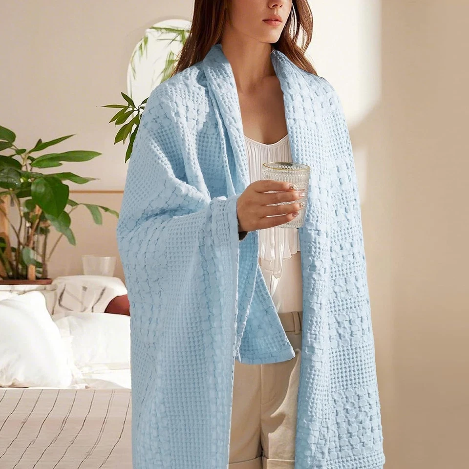 100% Cotton Waffle Weave King Blanket Soft Lightweight Breathable All Season - Image 2 of 4