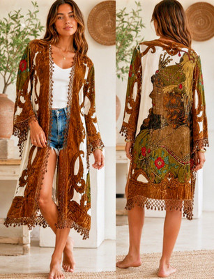 Beaded Velvet & Silk Kimono Jacket Duster Brown, cream, red GORGEOUS, HAND MADE