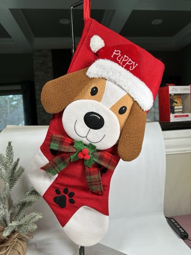 Vtg Prima Creations Christmas Stocking Dog Puppy Plush Brown Paws White Red 3D - Picture 1 of 12