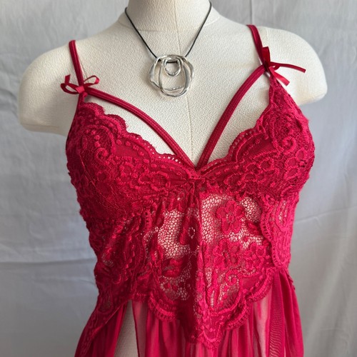 Womens Red Lace Lingerie Babydoll Chemise Nightgown Medium Slit Sheer alt - Picture 2 of 10