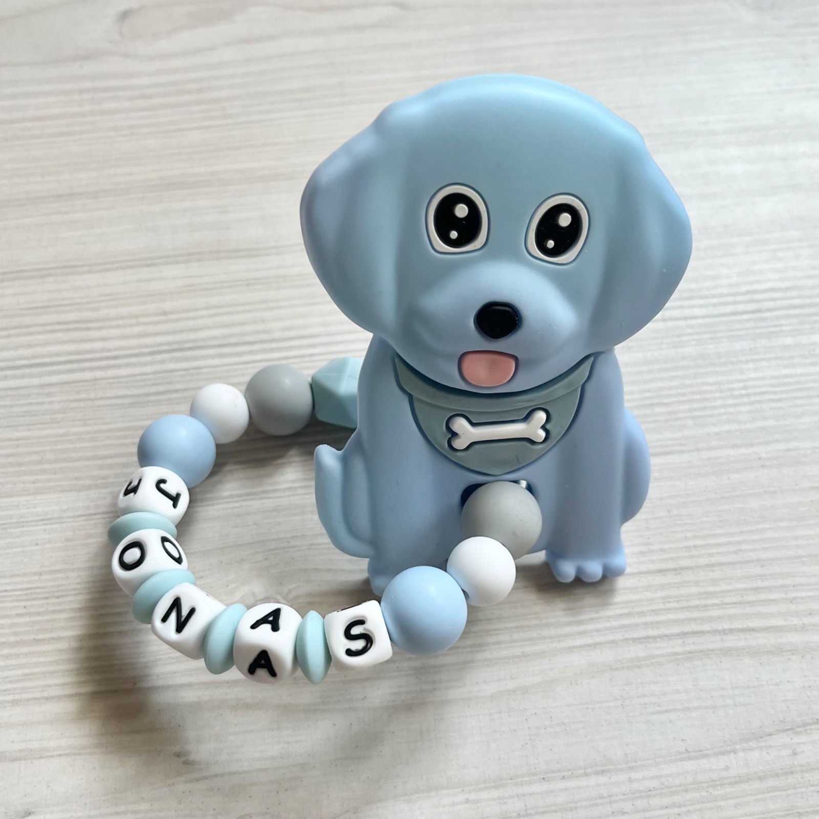Baby Beißring Greifring Greifling Silikon mit Namen Name Hund personalisiert