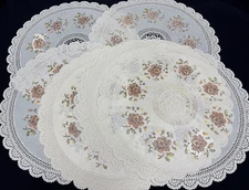 Vinyl Tray Covers Round Doilies Set of 12 Placemats Wedding Floral Beige - 40 cm