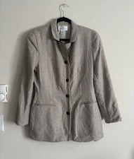 Saks Fifth Avenue Womens 10 Blazer Wool Silk Herringbone Brown Tan Suit Jacket